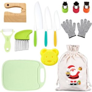 Tellshun 14 Pieces Wooden Kids Kitchen Knife Set with Gloves Cutting Board Fruit Vegetable Crinkle Cutters Serrated Edges Plastic Toddler Knifes for Real Cooking Kid Safe Knives