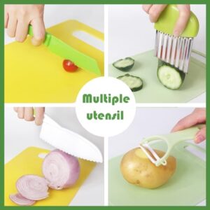 Tellshun 14 Pieces Wooden Kids Kitchen Knife Set with Gloves Cutting Board Fruit Vegetable Crinkle Cutters Serrated Edges Plastic Toddler Knifes for Real Cooking Kid Safe Knives