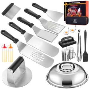 griddle accessories for blackstone with smashed burger press,18pcs griddle accessories kit for hibachi, enlarged grill spatula, griddle cover salt and pepper shakers, grill black tools set