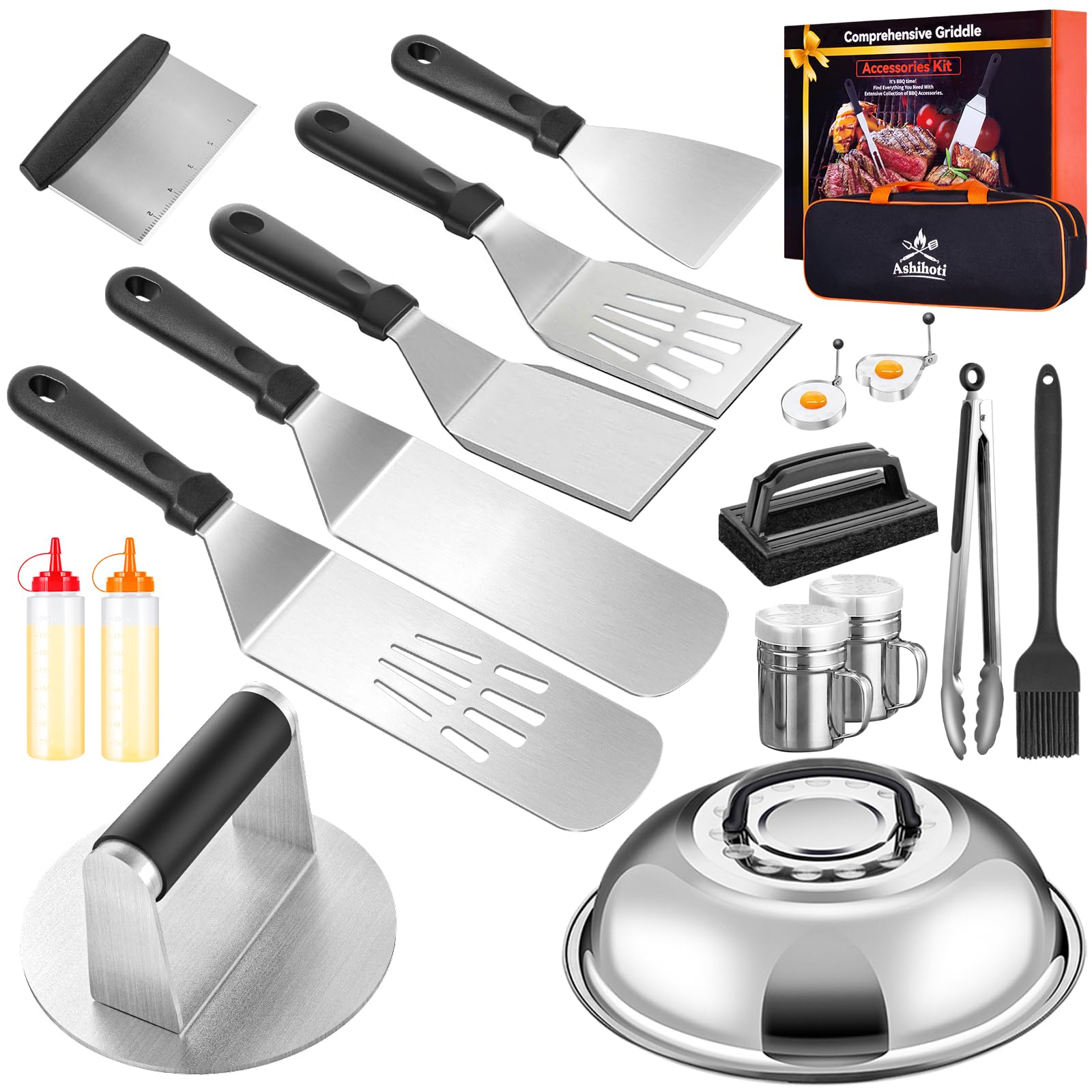 Griddle Accessories for Blackstone with Smashed Burger Press,18Pcs Griddle Accessories kit for Hibachi, Enlarged Grill Spatula, Griddle Cover Salt and Pepper Shakers, Grill Black Tools Set