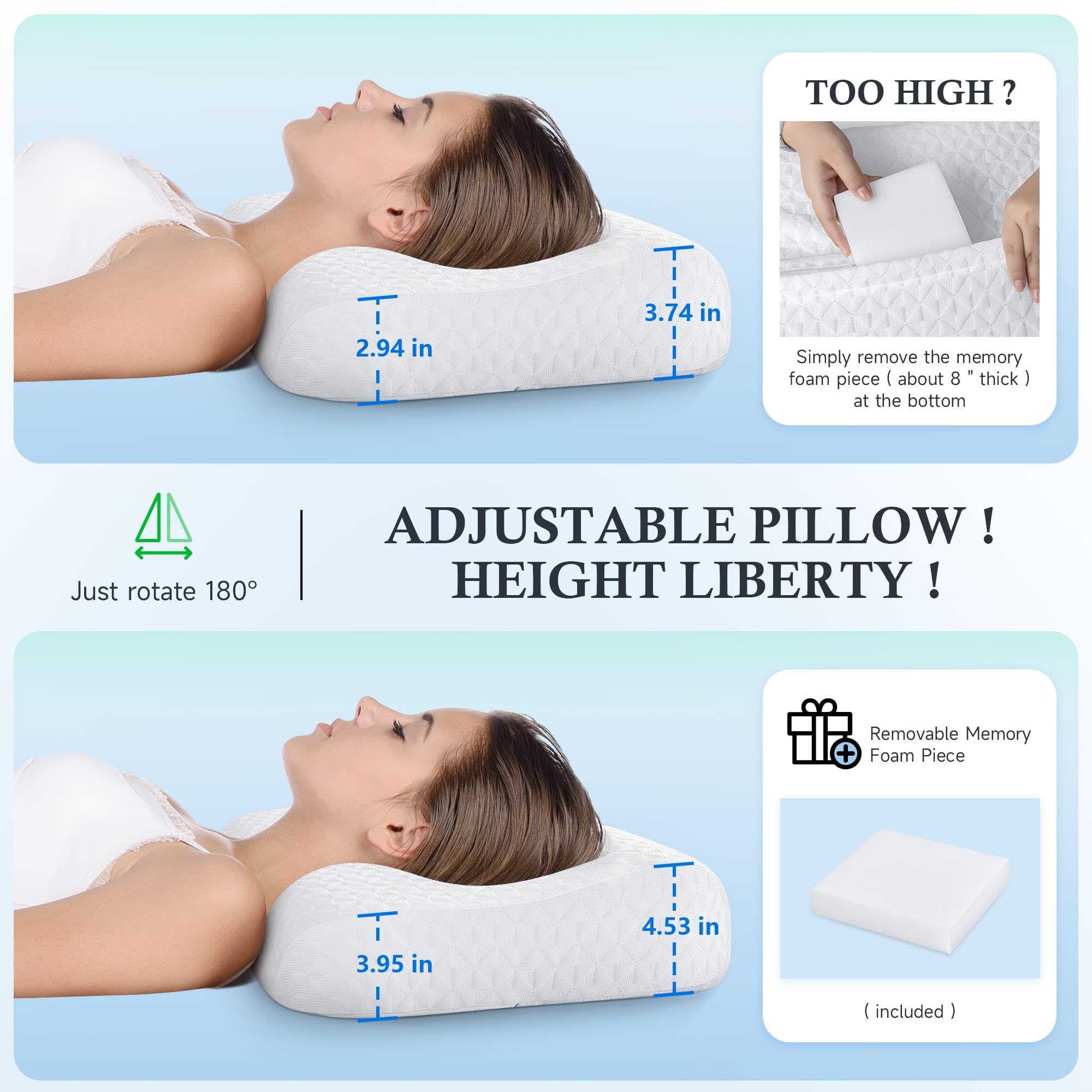 Zibroges Premium Ergonomic Cervical Pillows: Adjustable Memory Foam for Neck & Shoulder Pain Relief - Orthopedic Contour Support, Cooling Comfort for Side/Back Sleepers & Adults