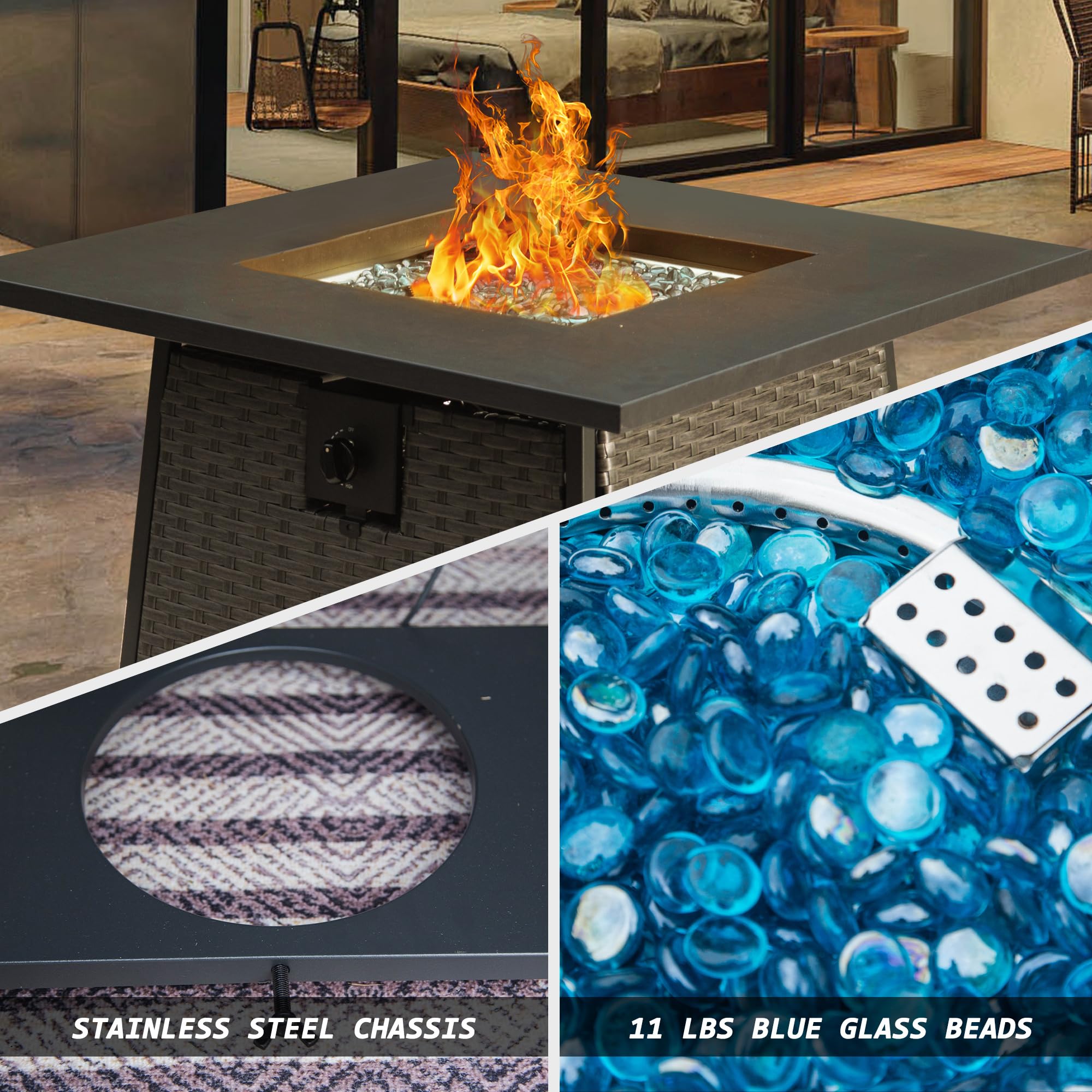 28 Inch Propane Fire Pits Table with Blue Glass Ball,50,000 BTU Outdoor Wicker Fire Table with ETL-Certified,2-in-1 Square Steel Gas Firepits (Dark Gray)