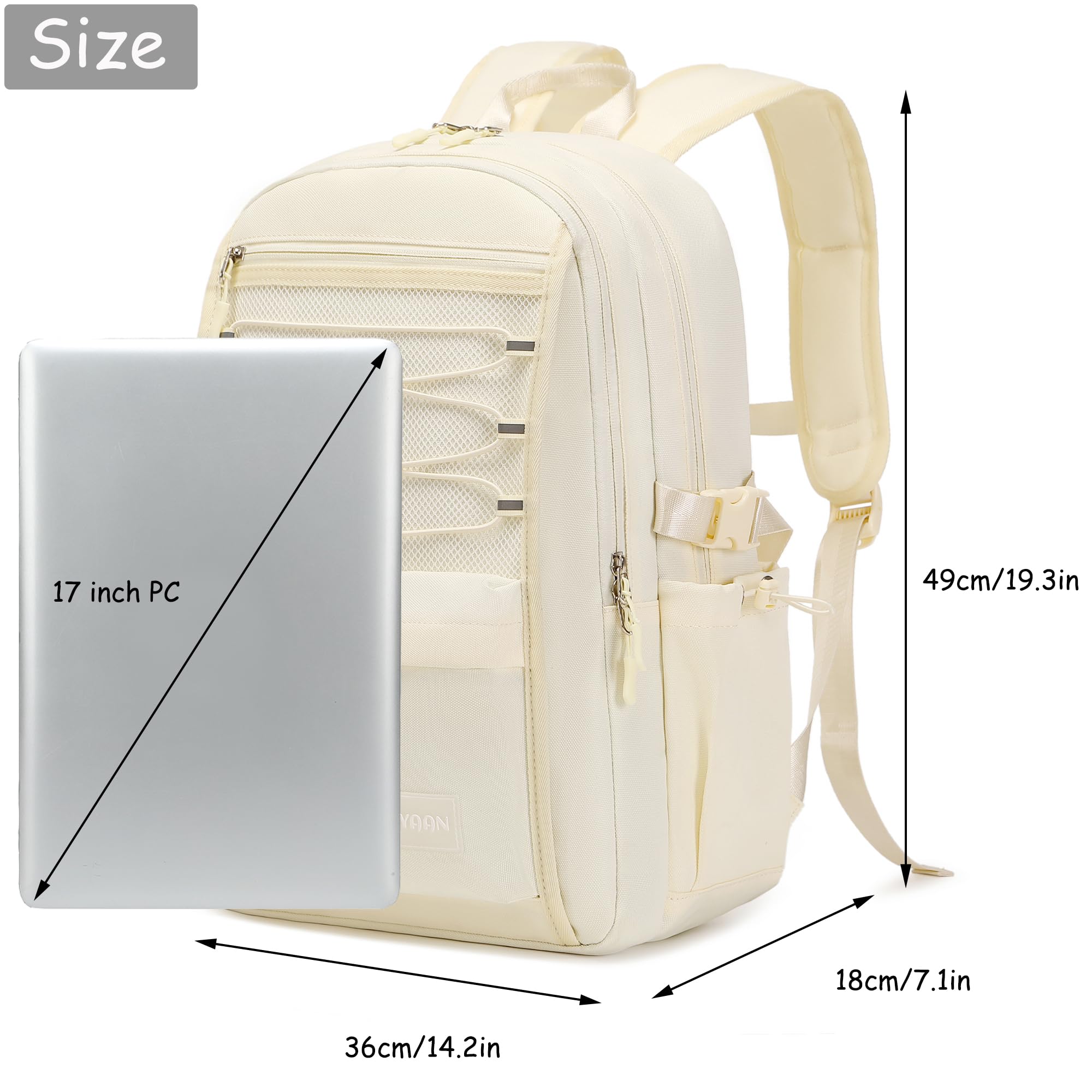 Woyiyaan Laptop Backpack for Women Girls 17 Inch Mesh School Bag, Unisex Student Bookbag Waterproof Backpack for College Work Travel,Beige Backpack