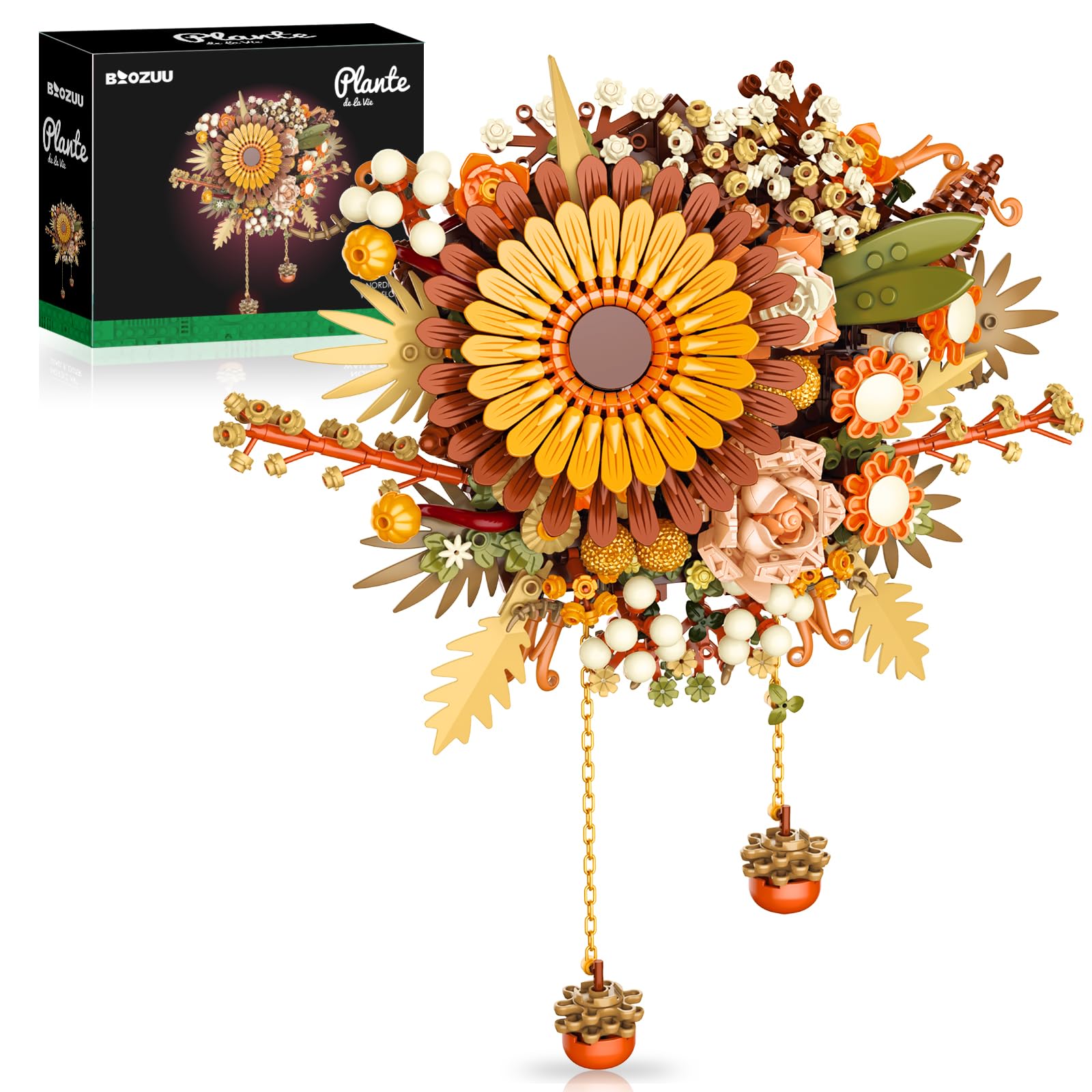 BOOZUU Dried Flower Building Block Set - 815 PCS Botanical Collection Brick, Dried Flower Centerpiece Building Toy,Wall Hanging Artificial Flowers Gift for Adults Kids