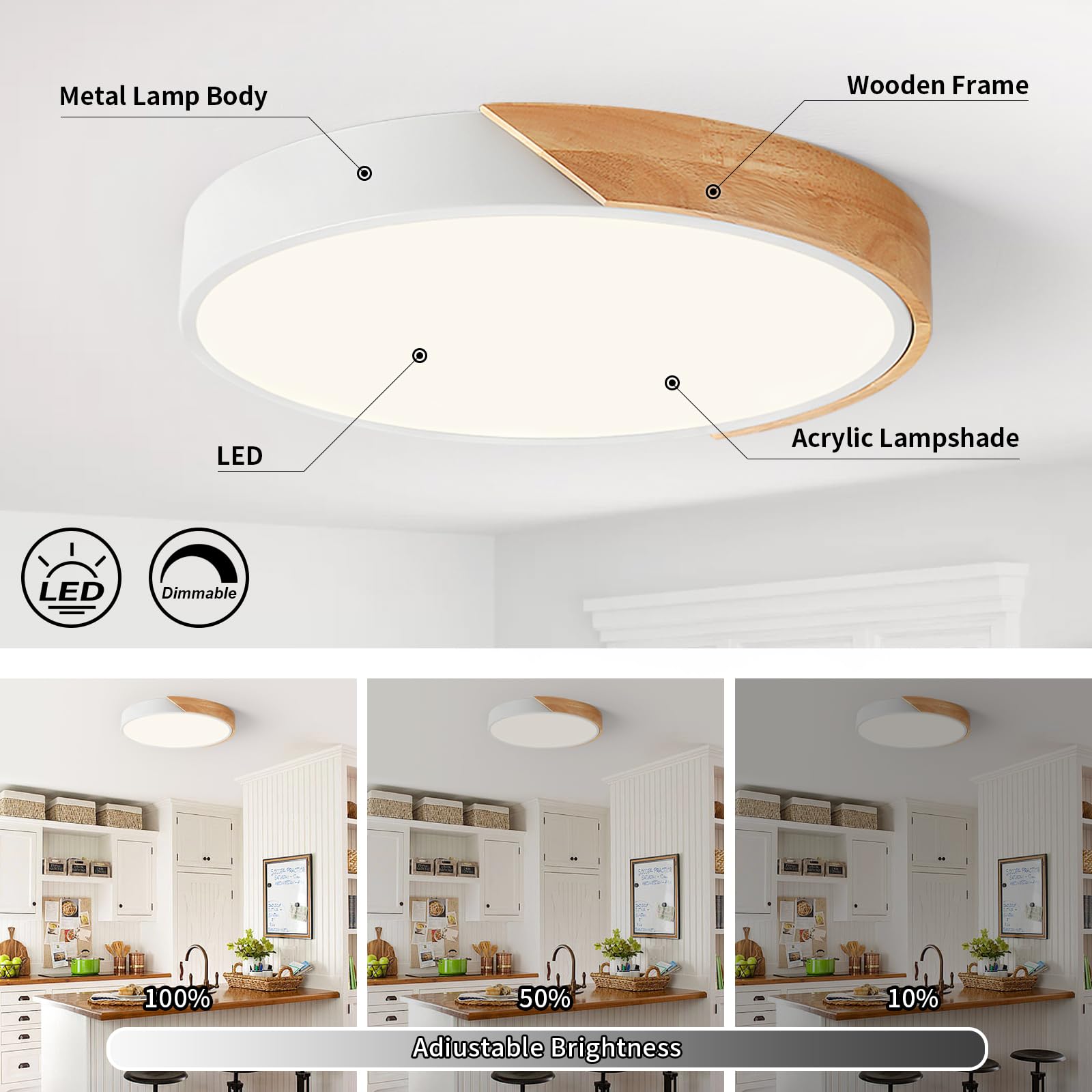 Peblto Modern Dimmable White LED Ceiling Light, 2700K-6000K 5CCT Wood Flush Mount Ceiling Lighting Fixtures, Minimalist Round Ceiling Lamp for Living Room Bedroom Kitchen Hallway