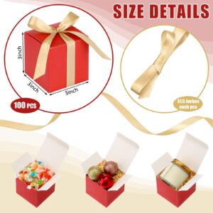 Jutom 100 Pcs Mini Favor Boxes Extra Small Candy Boxes Paper Party Favor Boxes Gift Wrap Boxes with Ribbon for Birthday Party Wedding Baby Shower Supplies(Red,3 x 3 x 3 Inch)