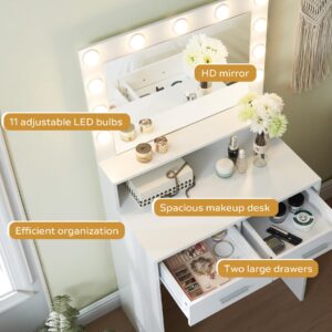 MIRROTOWEL Vanity Desk with Mirror and Lights, Dressing Table with Large Drawer, 2 Level Storage Dresser & 3 Lighting Modes Adjustable Brightness, Suitable for Bedroom