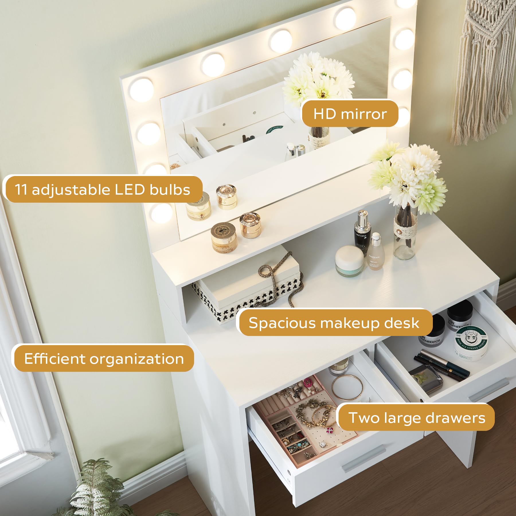 MIRROTOWEL Vanity Desk with Mirror and Lights, Dressing Table with Large Drawer, 2 Level Storage Dresser & 3 Lighting Modes Adjustable Brightness, Suitable for Bedroom