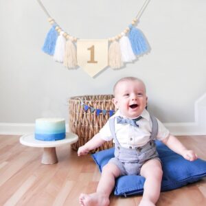 HGFC Embroidery Tassel High Chair Banner - Wood Bead Tassel 1st Birthday Banner - Sky Theme First Birthday Party Decoration - Birthday Baby Boys Tassel Garland - Birthday Cake Smash Backdrop Banner