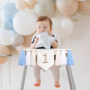 HGFC Embroidery Tassel High Chair Banner - Wood Bead Tassel 1st Birthday Banner - Sky Theme First Birthday Party Decoration - Birthday Baby Boys Tassel Garland - Birthday Cake Smash Backdrop Banner