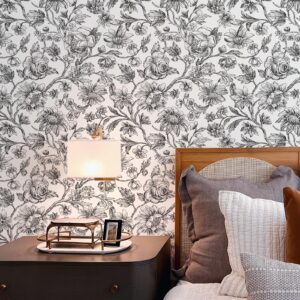 Cohoo Home Black and White Floral Wallpaper Peel and Stick Wallpaper Floral Flower Contact Paper for Cabinets and Drawers Sunflower Wallpaper Self-Adhesive Wallpaper Bedroom Vintage Accent 17.3×78.7”