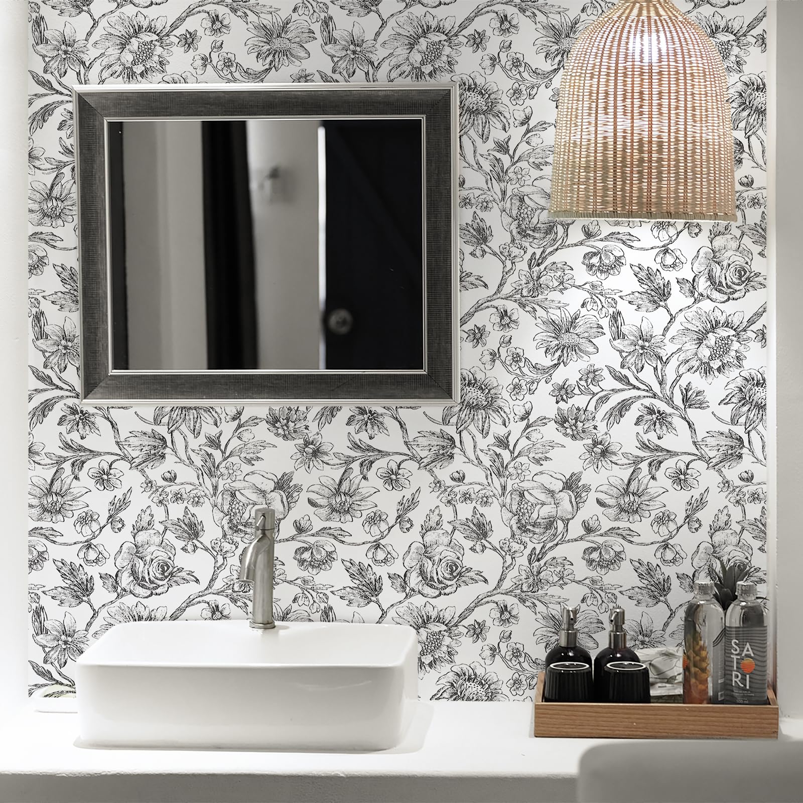 Cohoo Home Black and White Floral Wallpaper Peel and Stick Wallpaper Floral Flower Contact Paper for Cabinets and Drawers Sunflower Wallpaper Self-Adhesive Wallpaper Bedroom Vintage Accent 17.3×78.7”