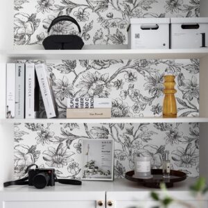 Cohoo Home Black and White Floral Wallpaper Peel and Stick Wallpaper Floral Flower Contact Paper for Cabinets and Drawers Sunflower Wallpaper Self-Adhesive Wallpaper Bedroom Vintage Accent 17.3×78.7”