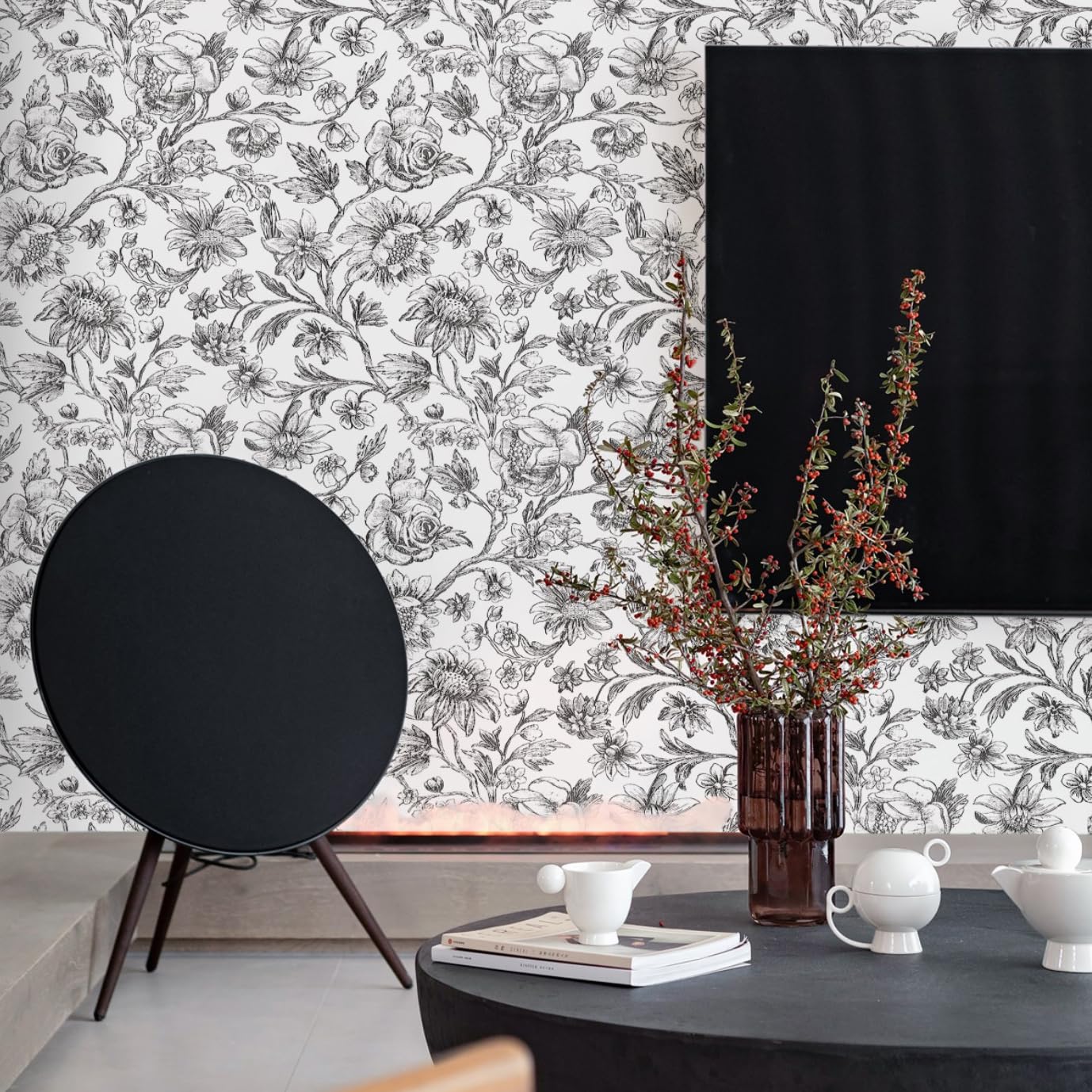 Cohoo Home Black and White Floral Wallpaper Peel and Stick Wallpaper Floral Flower Contact Paper for Cabinets and Drawers Sunflower Wallpaper Self-Adhesive Wallpaper Bedroom Vintage Accent 17.3×78.7”