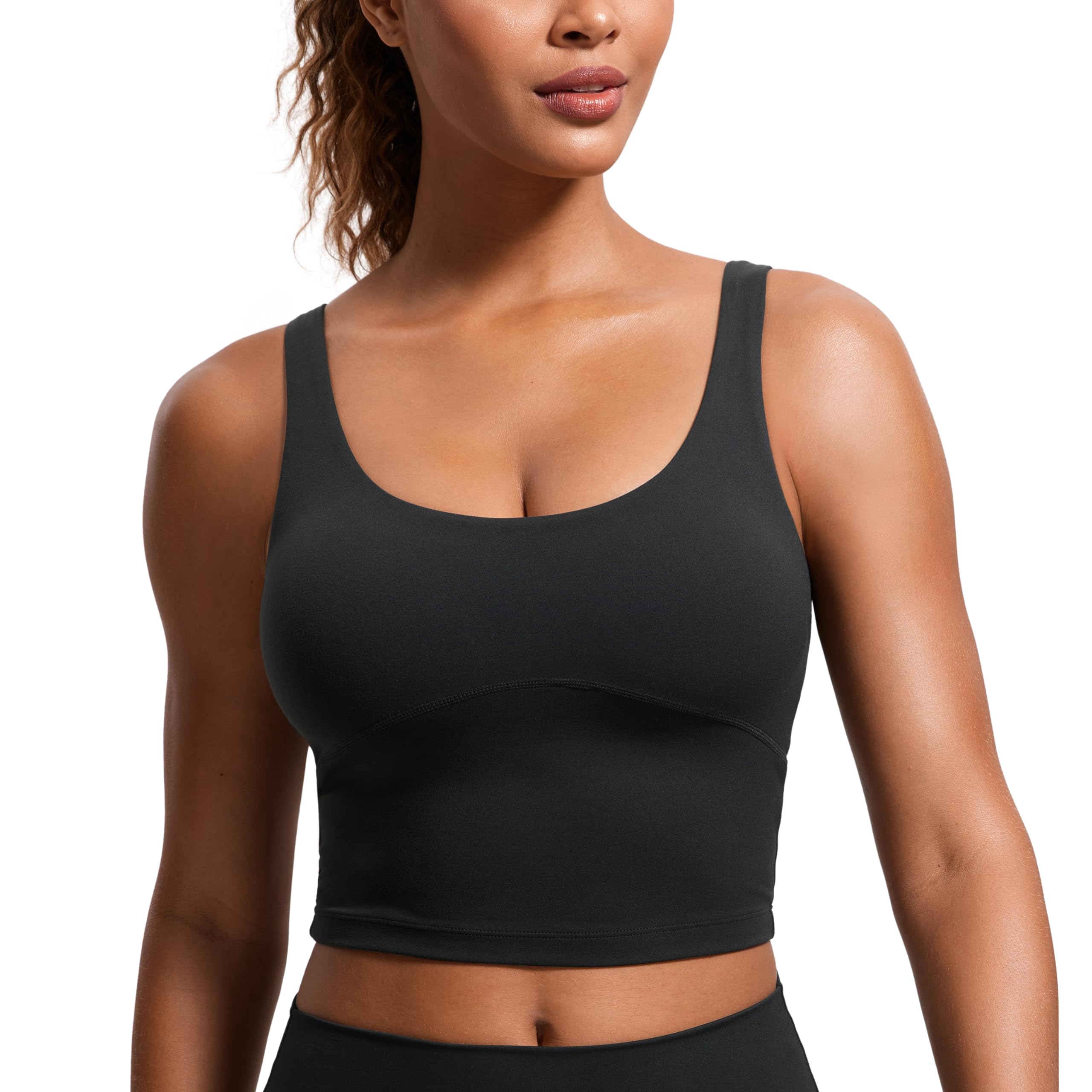 CRZ YOGA Womens Butterluxe U Back Longline Sports Bra - Padded Yoga Bra Cami Crop Top Workout Tank Top with Built in Bra Black Small