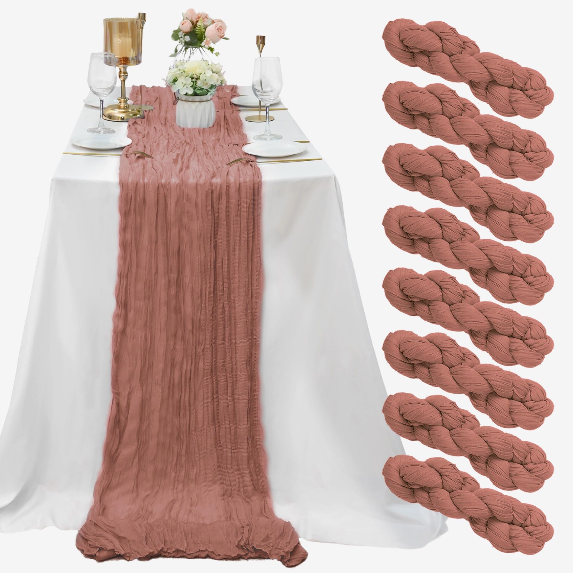 8 Pack Dusty Blush Cheesecloth Table Runner 10Ft Gauze Cheese Cloth 35x120 Inch Boho Table Runner Romantic Table Runner Long Table Cover for Wedding Bridal Shower Fall Thanksgiving Christmas Décor