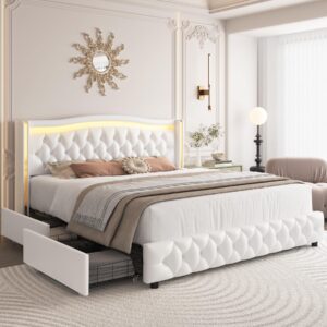 HIFIT King Smart LED Platform Bed Frame with 4 Storage Drawers, Crystal Button-Tufted & Stainless Gold Trim Wingback Headboard, Modern PU Upholstered White Bed Frame No Box Spring Needed/Easy Assembly