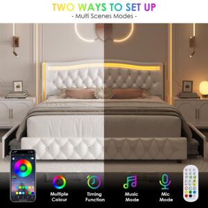 HIFIT King Smart LED Platform Bed Frame with 4 Storage Drawers, Crystal Button-Tufted & Stainless Gold Trim Wingback Headboard, Modern PU Upholstered White Bed Frame No Box Spring Needed/Easy Assembly