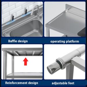 TOCTUS Utility Single Bowl Outdoor Sink 1 Compartment Stainless Steel Freestanding Commercial Restaurant Workstation Bar Sink with Drainboard Farmhouse Laundry Tub Kitchen Sink Set (Color : Single Co