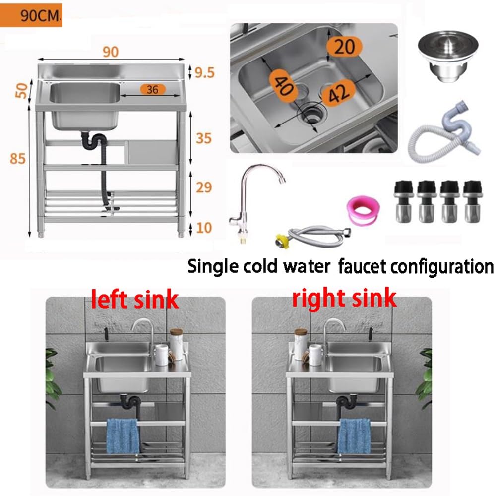 TOCTUS Utility Single Bowl Outdoor Sink 1 Compartment Stainless Steel Freestanding Commercial Restaurant Workstation Bar Sink with Drainboard Farmhouse Laundry Tub Kitchen Sink Set (Color : Single Co