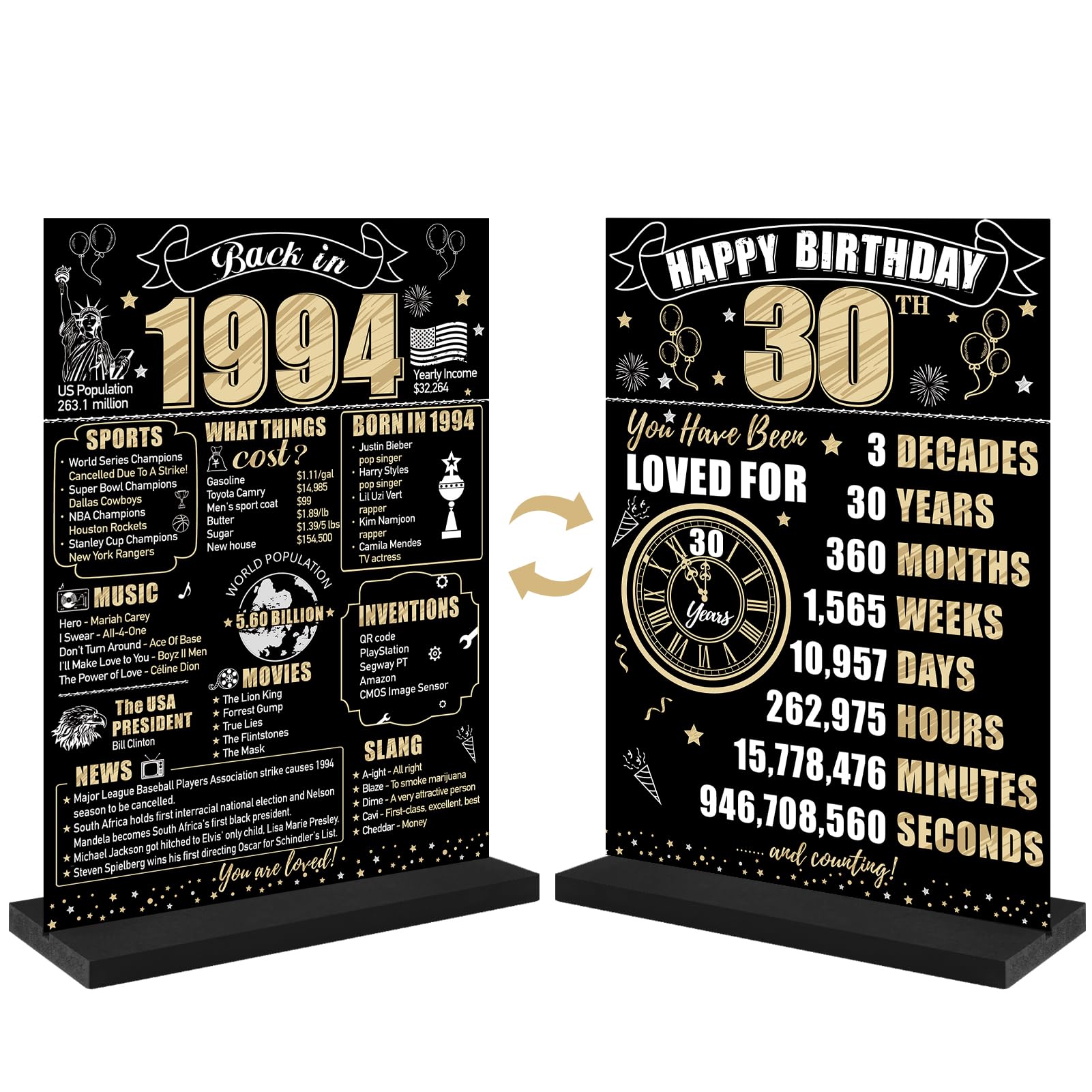 Eiurteao 30th Birthday Decorations Back in 1994 Table Sign for Men Women, Black Gold Happy 30 Bday Two-Sided Wooden Table Poster with Stand Party Supplies, Thirty Birthday Display Holder Table Decor