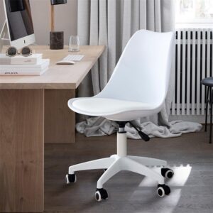 Ergonomic Home Office Chair with Adjustable Height, Swivel Armless Computer Chair with Artificial Leather Padded and Universal Wheels, Multifunctional Vanity Chair for Bedroom, White