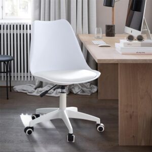 Ergonomic Home Office Chair with Adjustable Height, Swivel Armless Computer Chair with Artificial Leather Padded and Universal Wheels, Multifunctional Vanity Chair for Bedroom, White