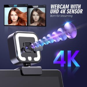 Hemisol 4K Webcam, Web Camera with Microphone and Fill Light, HD Autofocus Computer Camera with Privacy Cover and Tripod Stand Streaming Webcam,Plug&Play USB Wbcam for Pc Laptop Desktop Video Calling