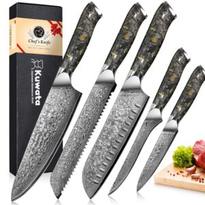 kuwata damascus chef knife set, professional black gold series 5pcs kitchen knife set, vg10 damascus steel cooking knife set, g10 ergonomic black gold handle knife set with gift box