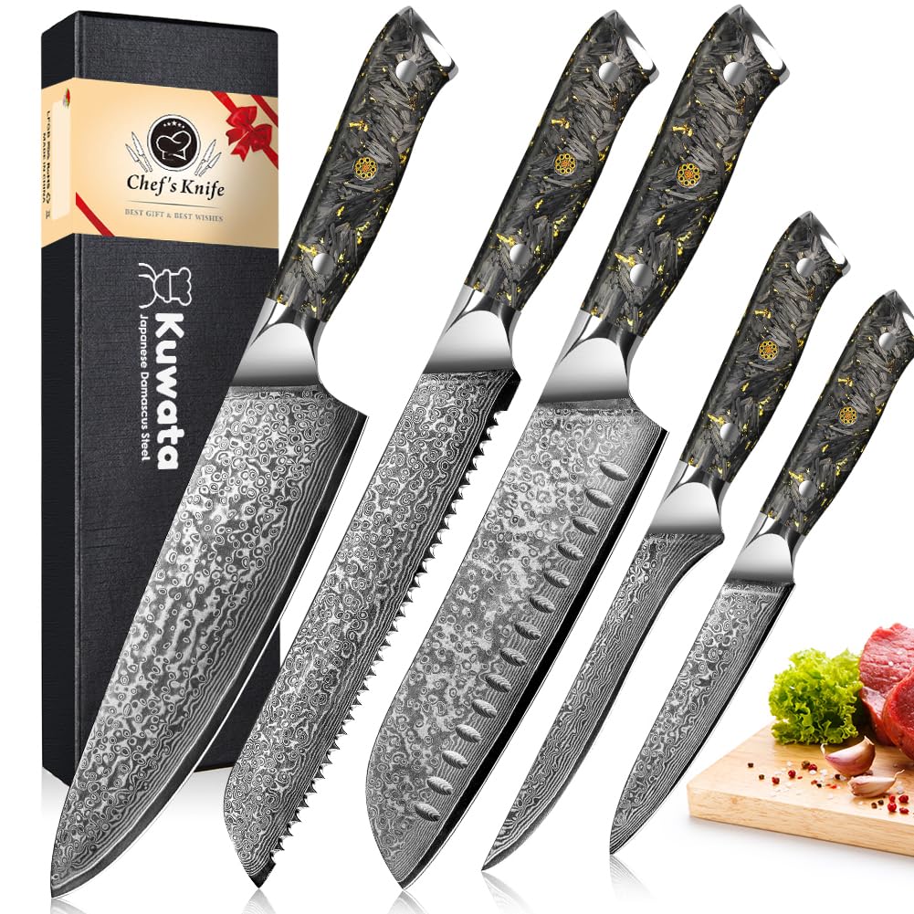 Kuwata Damascus Chef Knife Set, Professional Black Gold Series 5PCS Kitchen Knife Set, VG10 Damascus Steel Cooking Knife Set, G10 Ergonomic Black Gold Handle Knife Set with Gift Box