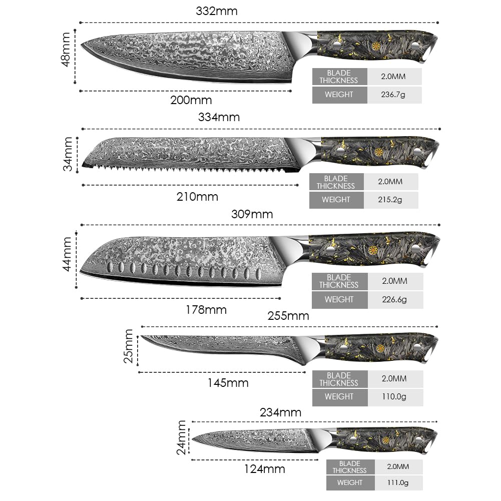 Kuwata Damascus Chef Knife Set, Professional Black Gold Series 5PCS Kitchen Knife Set, VG10 Damascus Steel Cooking Knife Set, G10 Ergonomic Black Gold Handle Knife Set with Gift Box