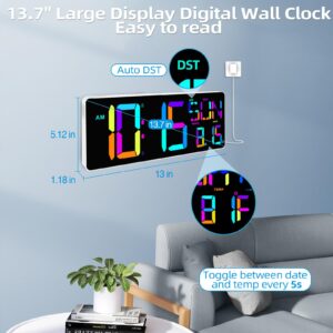 XINKORA Large Digital Wall Clock with Remote Control, Dual Alarm Clock with 13.7" Large LED Display, RGB Color Changing Big Digital Timer Clock with Temperature for Living Room, Classroom