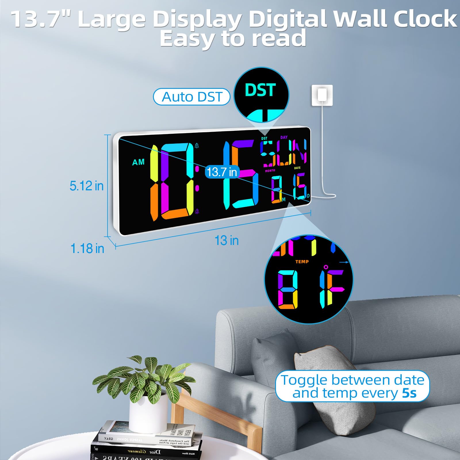 XINKORA Large Digital Wall Clock with Remote Control, Dual Alarm Clock with 13.7" Large LED Display, RGB Color Changing Big Digital Timer Clock with Temperature for Living Room, Classroom