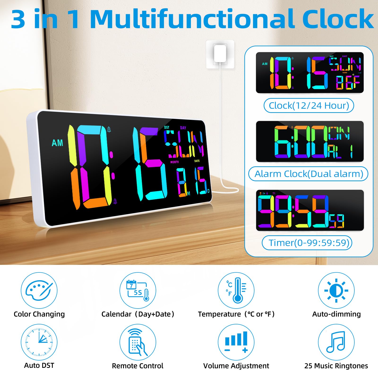 XINKORA Large Digital Wall Clock with Remote Control, Dual Alarm Clock with 13.7" Large LED Display, RGB Color Changing Big Digital Timer Clock with Temperature for Living Room, Classroom