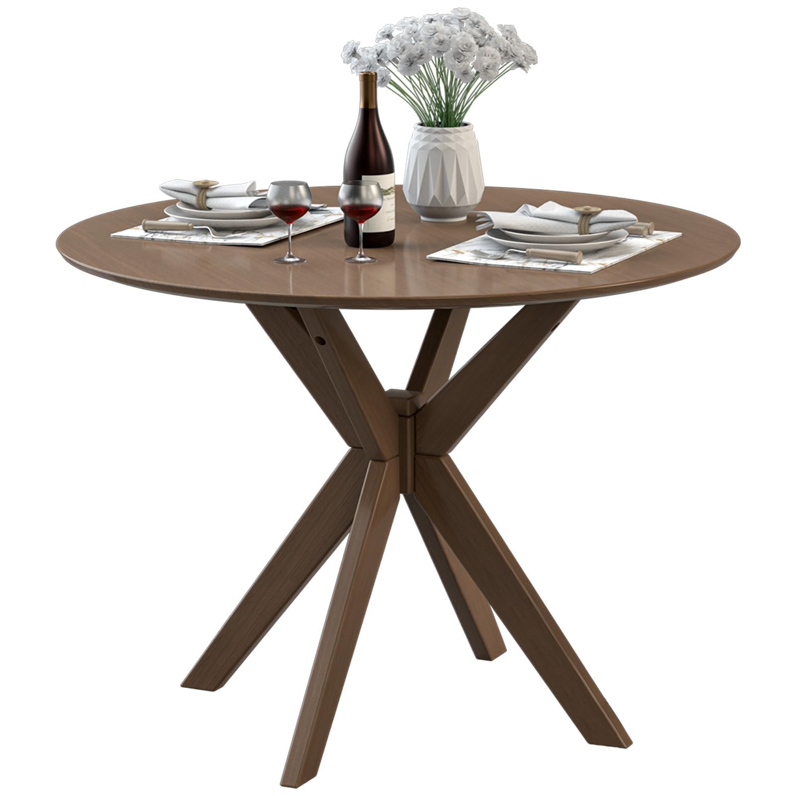 ERGOMASTER Round Dining Table for 2 to 4 Seater, Solid Wood Kitchen Table, Compact Side Table - 36 Inch Walnut Wood Tabletop - Trestle Pedestal Base - Ideal for Home, Apartment, Small Space