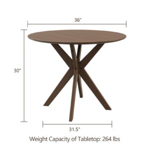 ERGOMASTER Round Dining Table for 2 to 4 Seater, Solid Wood Kitchen Table, Compact Side Table - 36 Inch Walnut Wood Tabletop - Trestle Pedestal Base - Ideal for Home, Apartment, Small Space