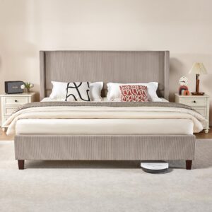 vanacc queen size platform bed frame, 50.8" corduroy upholstered bed with vertical channel tufted headboard/wooden slats/wingback/no box spring required/taupe