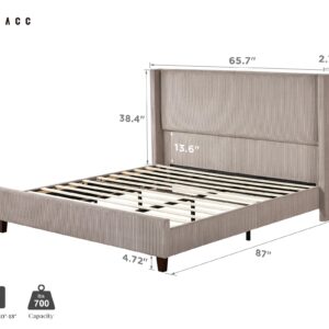 VanAcc Queen Size Platform Bed Frame, 50.8" Corduroy Upholstered Bed with Vertical Channel Tufted Headboard/Wooden Slats/Wingback/No Box Spring Required/Taupe