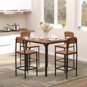 HOMCOM Counter Height Bar Table Set for 4, Square Kitchen Table and Chairs Set with Footrest, Metal Legs, Industrial Dinner Table Set for 4, Walnut