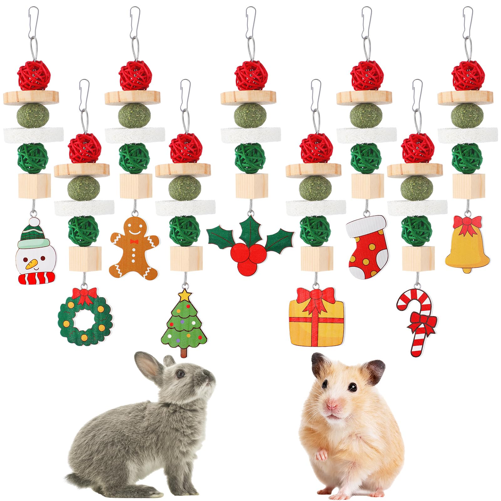 Shappy 9 Pcs Christmas Guinea Pig Toys Xmas Bunny Rabbit Hamster Chinchilla Hanging Toys for Teeth Grinding Natural Apple Wood Grass Treats Cage Chews for Small Pets Gifts