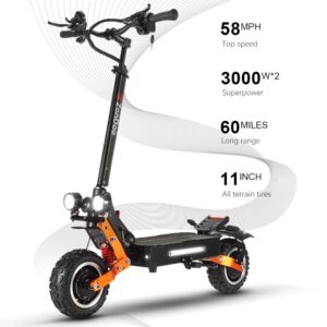 Electric Scooter Adults 56MPH 60Miles Range, ZonDoo ZO01 Plus 60V 6000W Dual Motors,11 inch Off Road Fat Tires, C-Shape Dual Suspensions,All Terrain E Scooter with Seat for Heavy Adults