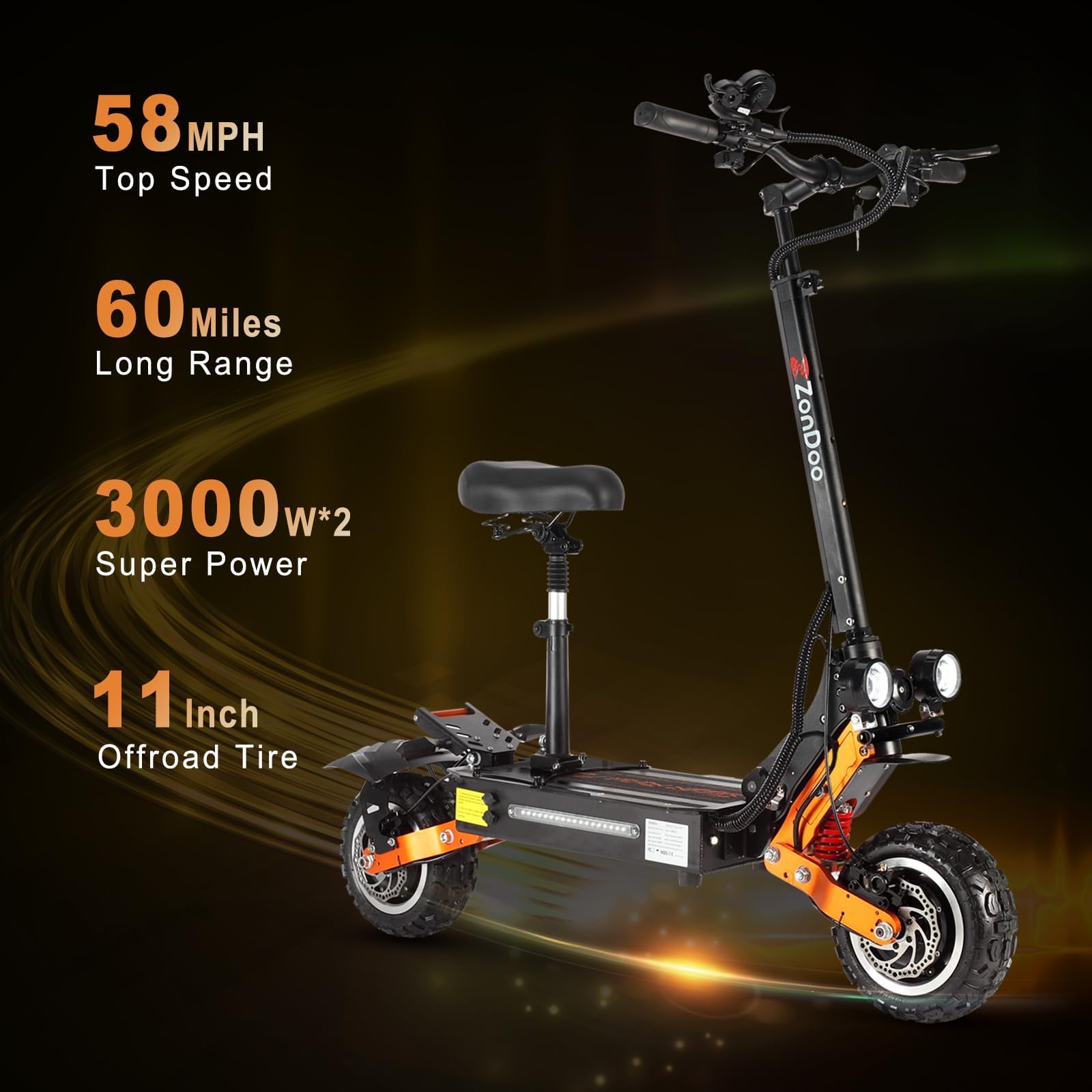 Electric Scooter Adults 56MPH 60Miles Range, ZonDoo ZO01 Plus 60V 6000W Dual Motors,11 inch Off Road Fat Tires, C-Shape Dual Suspensions,All Terrain E Scooter with Seat for Heavy Adults