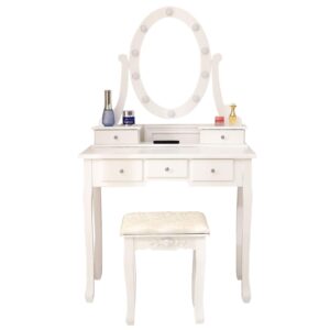 IMGDD Vanity Desk with Mirror and Lights with Light Bulb，Single Mirror Makeup Vanity 5 Drawer Dressing Table,Vanity Mirror with Lights Desk and Chair Makeup Desk White