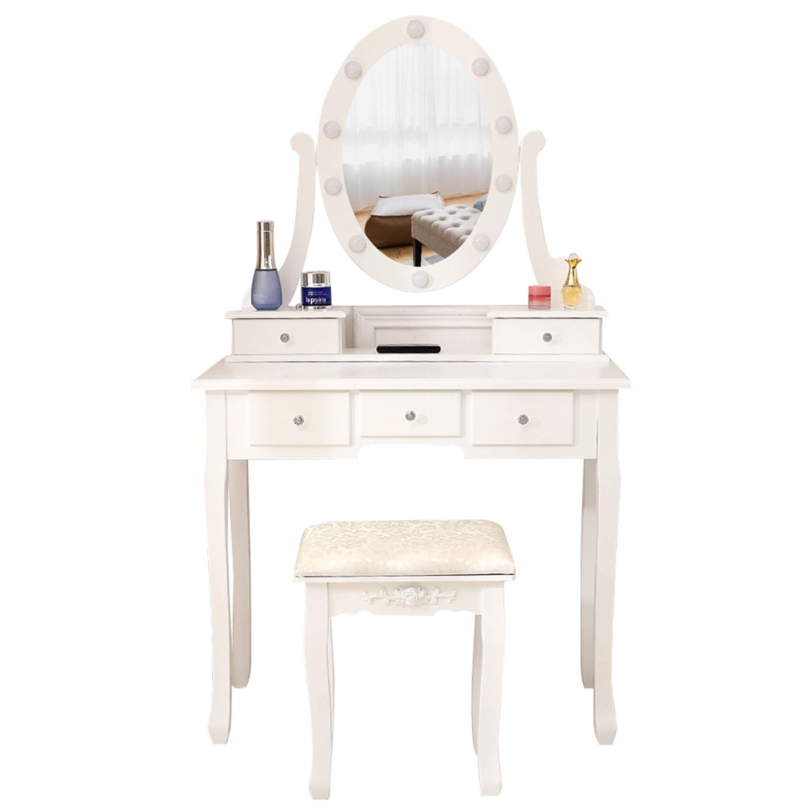 IMGDD Vanity Desk with Mirror and Lights with Light Bulb，Single Mirror Makeup Vanity 5 Drawer Dressing Table,Vanity Mirror with Lights Desk and Chair Makeup Desk White