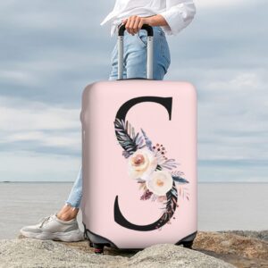 Elastic Travel Luggage Cover Cute Pink Suitcase Protector Bag,Black Letter S With Boho Floral Flowers Leaves Anti-Scratch,Dust-Proof Washable Suitcase Sleeve For Kid Adult,L (For 25-28 Inch Luggage)