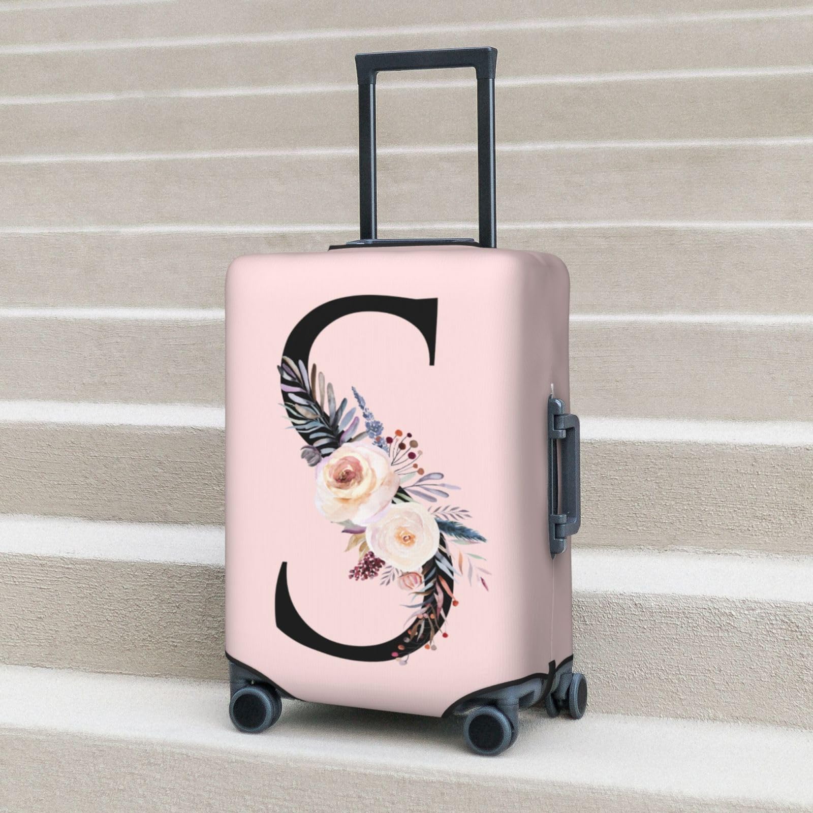 Elastic Travel Luggage Cover Cute Pink Suitcase Protector Bag,Black Letter S With Boho Floral Flowers Leaves Anti-Scratch,Dust-Proof Washable Suitcase Sleeve For Kid Adult,L (For 25-28 Inch Luggage)