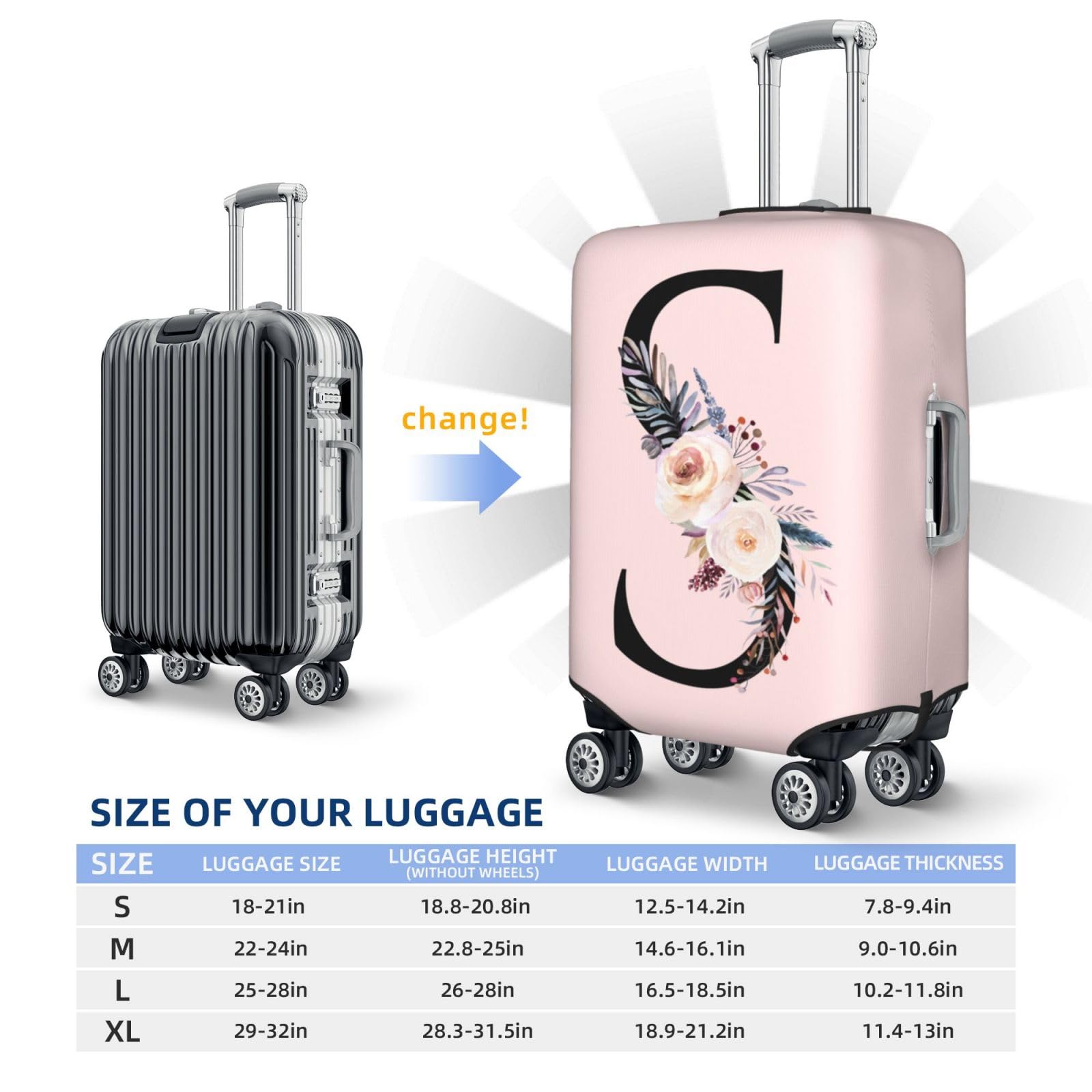 Elastic Travel Luggage Cover Cute Pink Suitcase Protector Bag,Black Letter S With Boho Floral Flowers Leaves Anti-Scratch,Dust-Proof Washable Suitcase Sleeve For Kid Adult,L (For 25-28 Inch Luggage)