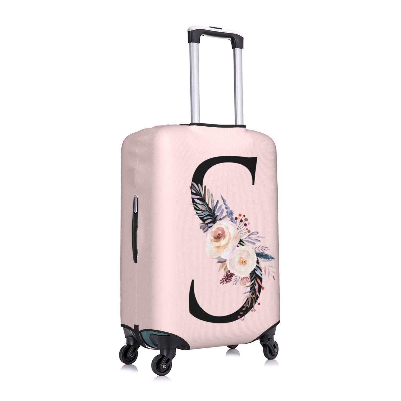 Elastic Travel Luggage Cover Cute Pink Suitcase Protector Bag,Black Letter S With Boho Floral Flowers Leaves Anti-Scratch,Dust-Proof Washable Suitcase Sleeve For Kid Adult,L (For 25-28 Inch Luggage)