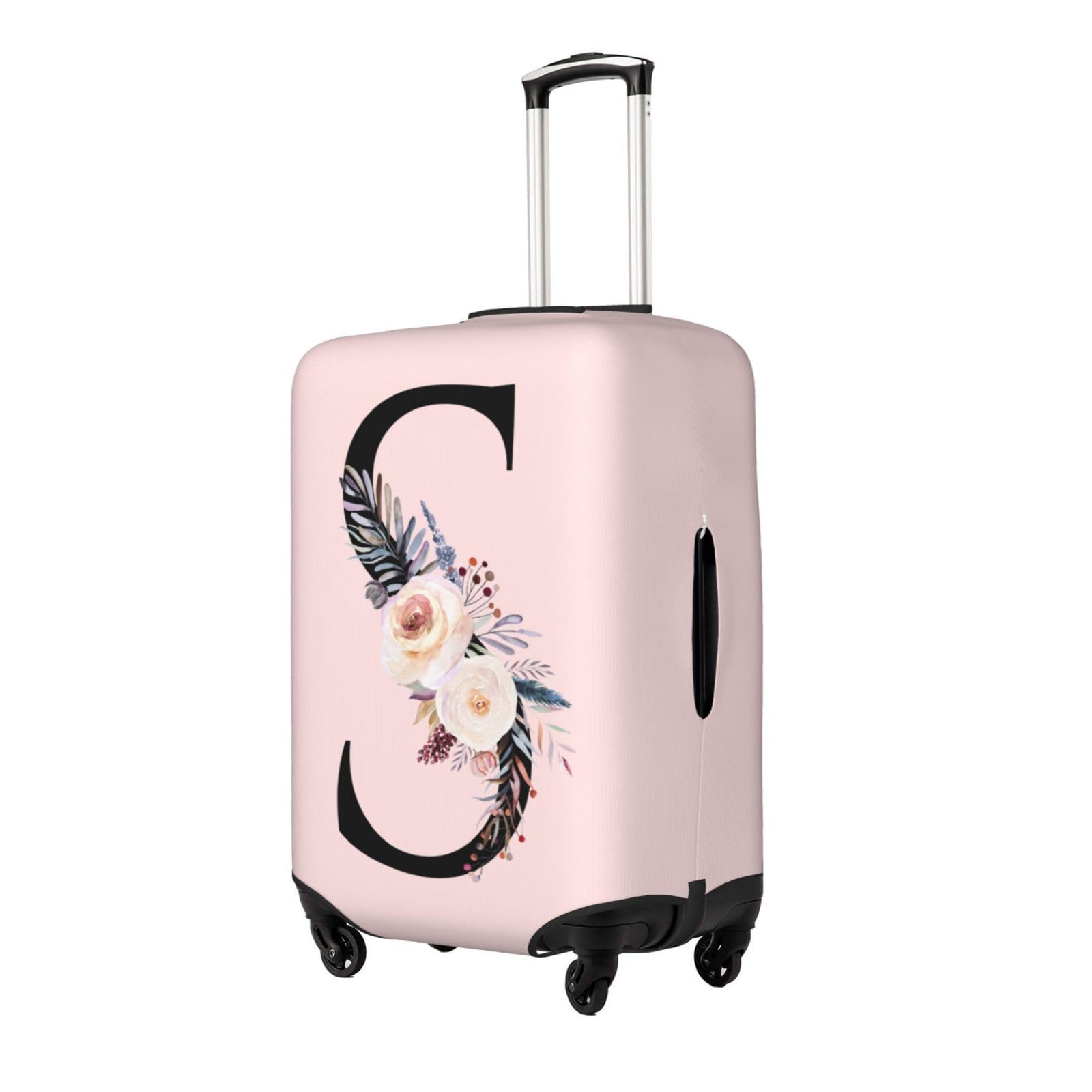 Elastic Travel Luggage Cover Cute Pink Suitcase Protector Bag,Black Letter S With Boho Floral Flowers Leaves Anti-Scratch,Dust-Proof Washable Suitcase Sleeve For Kid Adult,L (For 25-28 Inch Luggage)