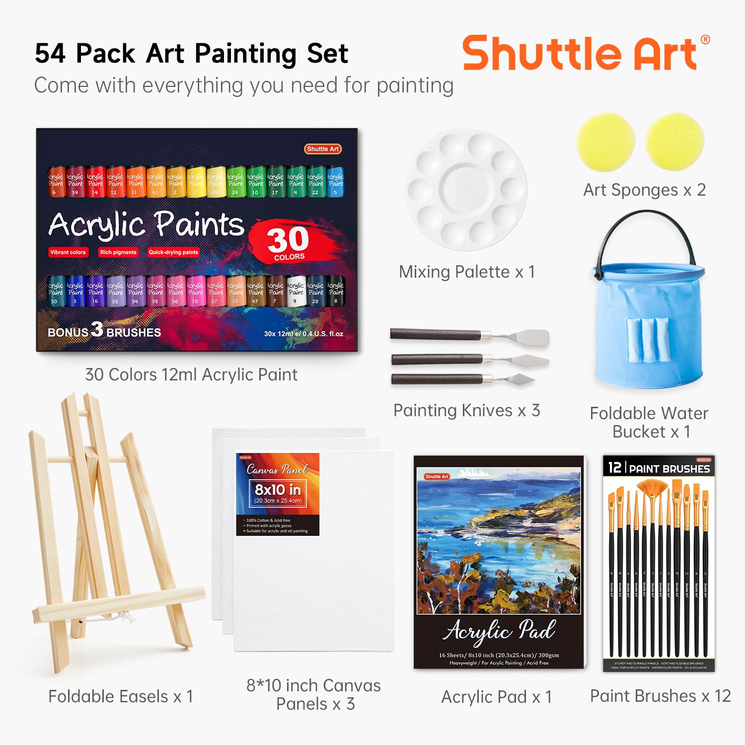 Shuttle Art 54 Pack Acrylic Paint Set, Acrylic Painting Set with 30 Colors Acrylic Paint, Wooden Easel, Painting Canvas, Paint Brushes, Palette, Art Painting Supplies for Kids Adults Beginner Artists